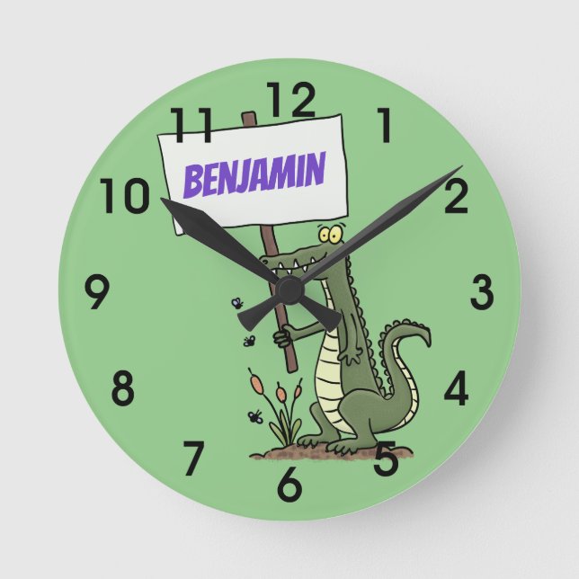 Funny crocodile aligator with sign cartoon round c clock (Front)