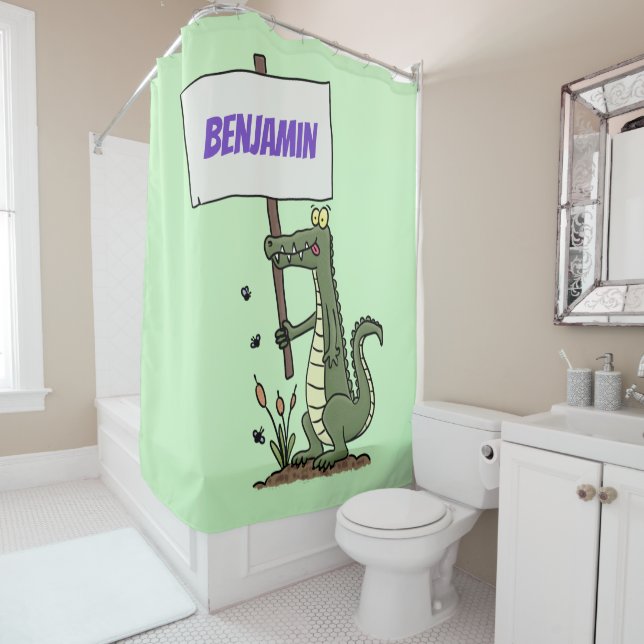 Funny crocodile aligator with sign cartoon shower curtain (In Situ)