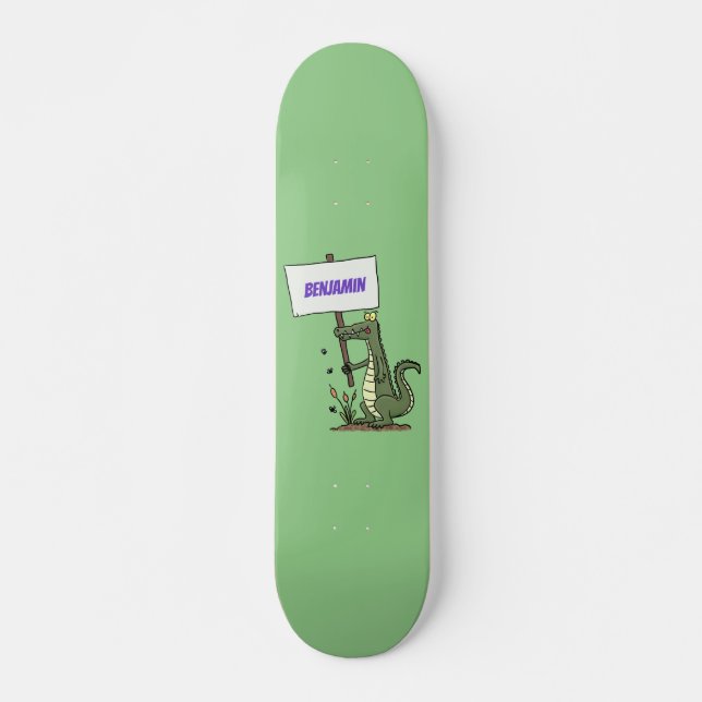 Funny crocodile aligator with sign cartoon skateboard (Front)