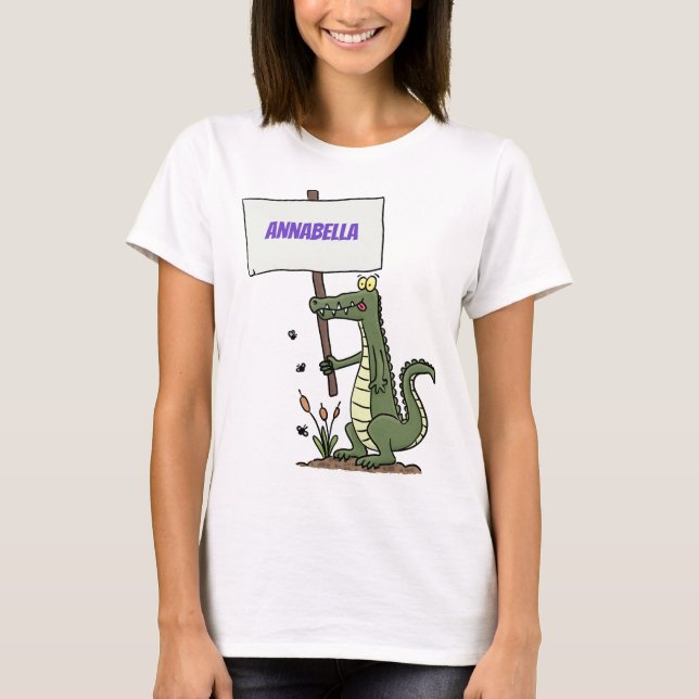 Funny crocodile aligator with sign cartoon T-Shirt (Front)