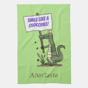 Funny crocodile aligator with sign cartoon tea towel