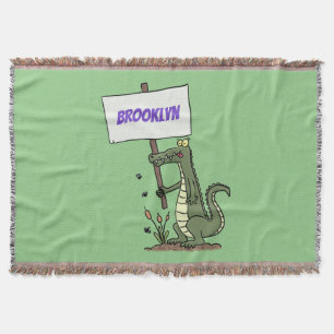 Funny crocodile aligator with sign cartoon throw blanket