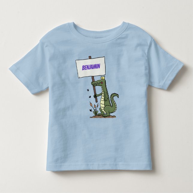 Funny crocodile aligator with sign cartoon toddler T-Shirt (Front)
