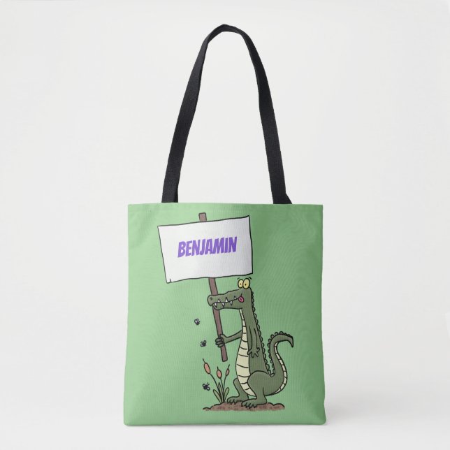 Funny crocodile aligator with sign cartoon tote bag (Front)