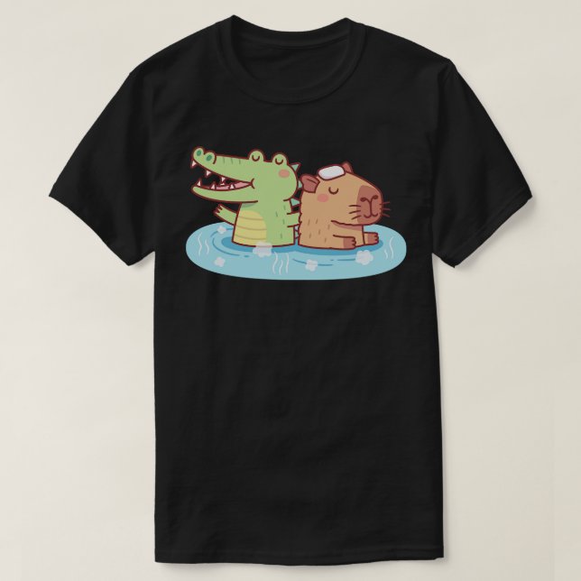 Funny Crocodile And Capybara g In Hot Spring T-Shirt (Design Front)