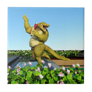 Funny Crocodile Champagne Pool Party Art Ceramic Tile