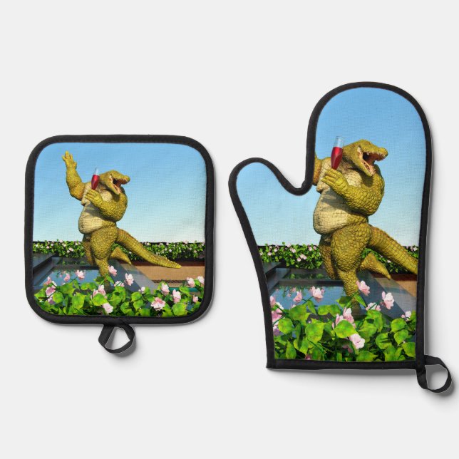Funny Crocodile Champagne Pool Party Art Oven Mitt & Pot Holder Set (Front)