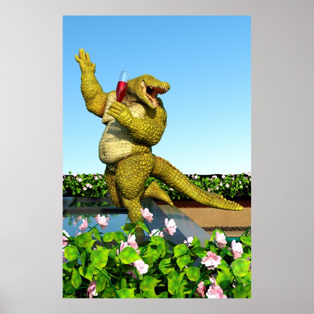 Funny Crocodile Champagne Pool Party Art Poster (Front)