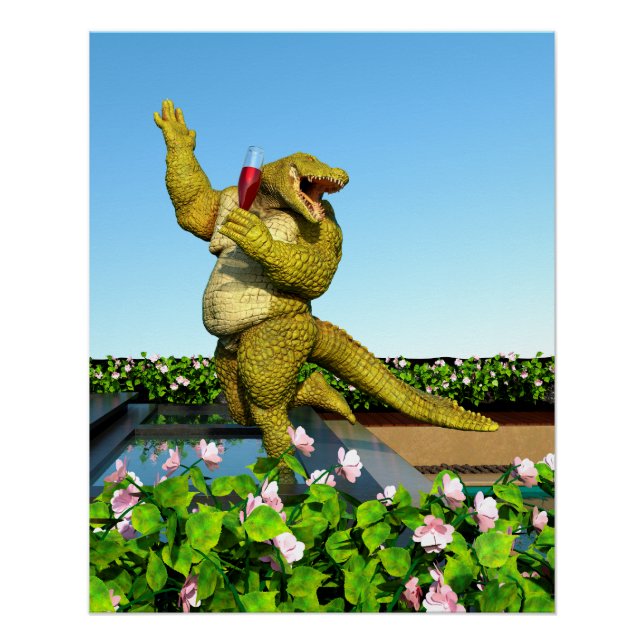 Funny Crocodile Champagne Pool Party Art Poster (Front)