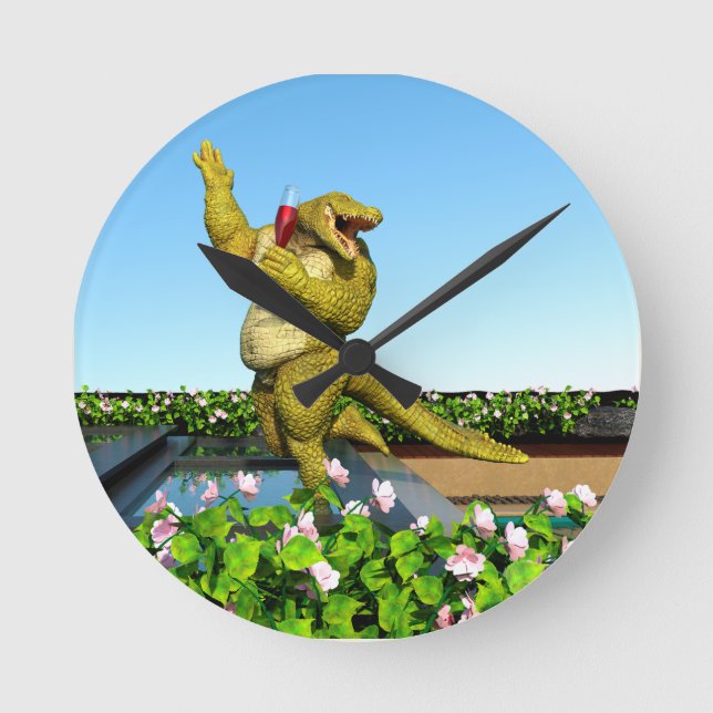 Funny Crocodile Champagne Pool Party Art Round Clock (Front)