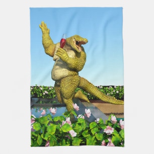 Funny Crocodile Champagne Pool Party Art Tea Towel