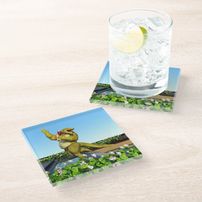 Funny Crocodile Drinking Champagne Glass Coaster (Angled)