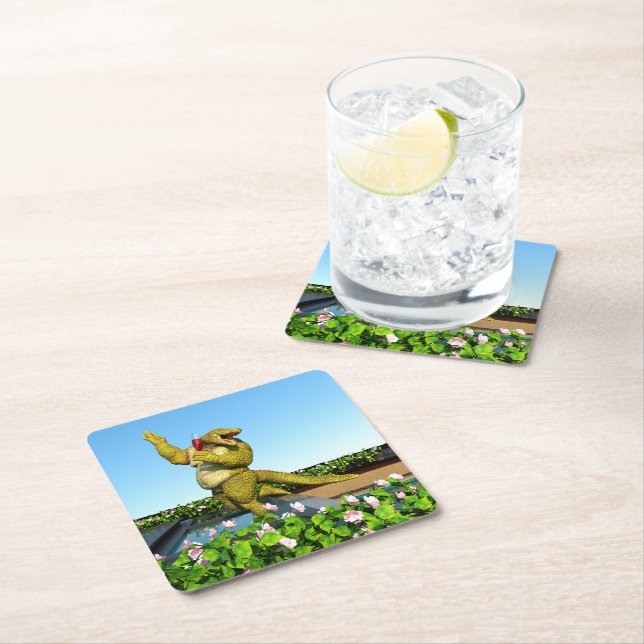 Funny Crocodile Drinking Champagne Square Paper Coaster (Insitu)