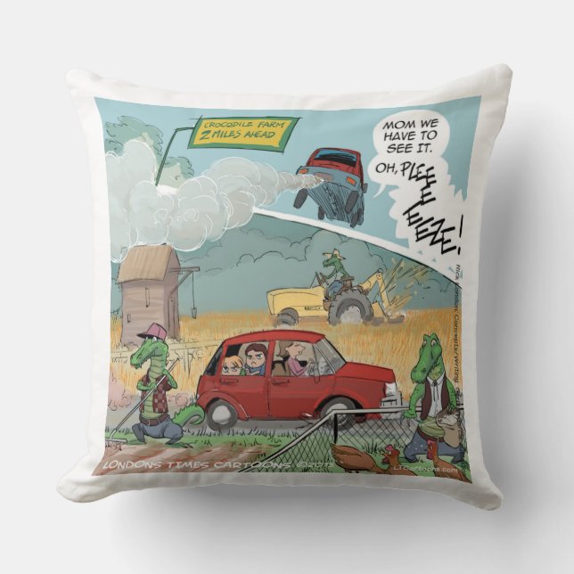 Funny Crocodile Farm Cotton Throw Pillow (Front)