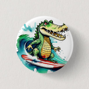 Funny crocodile surfing 3 cm round badge