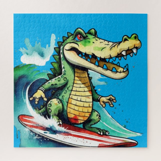 Funny crocodile surfing jigsaw puzzle (Vertical)
