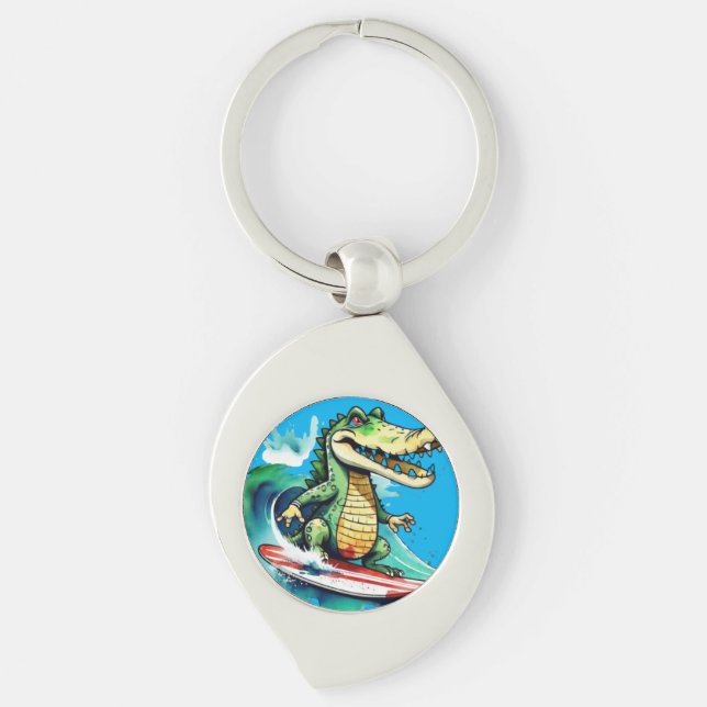 Funny crocodile surfing key ring (Front)