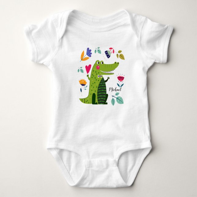 Funny Crocodile with Heart Custom Name Baby Bodysuit (Front)