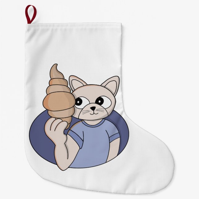 Funny Croissant Cat Large Christmas Stocking (Front)