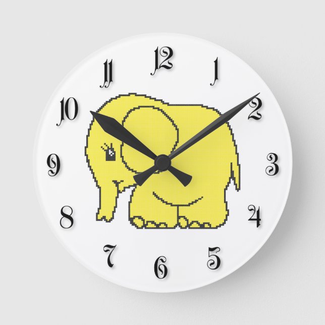 Funny cross-stitch yellow elephant round clock (Front)