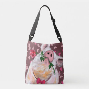 Funny Crossbody Bag Gentleman Pig with Rose
