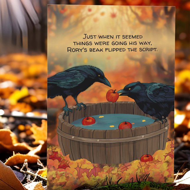 Funny Crow Apple Bobbing Bird Fall Orchard Harvest Holiday Card (Ravens bob for apples on orchard farm, a funny Harvest card for Thanksgiving or any Fall occasion.)