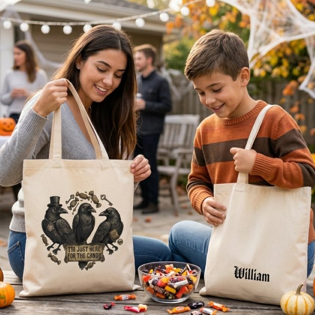 Funny Crow Just Here For The Candy Tote Bag (Vintage crows on this tote make a fun gift for your raven lover to use at the harvest festival.)