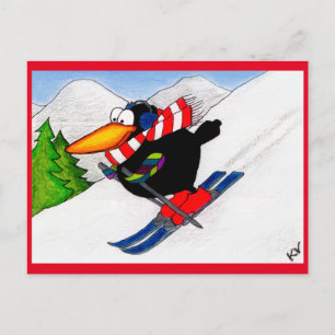 Funny Crow Winter Skiing Vacation postcard