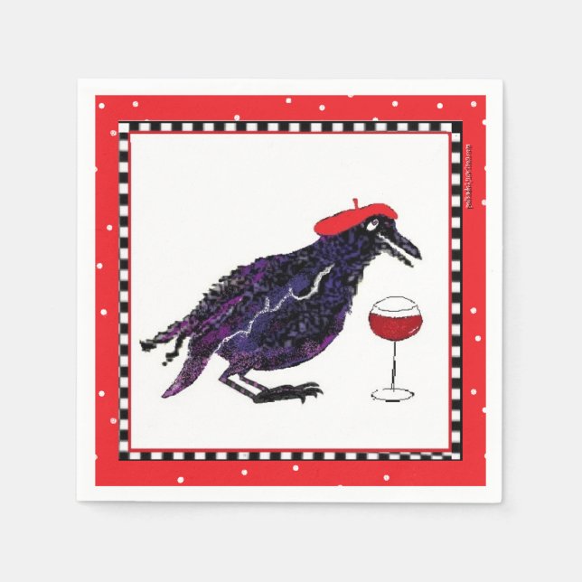 Funny Crow with French Beret and Glass of wine Napkin (Front)