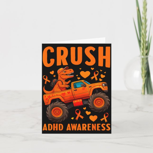 Funny Crush Adhd Awareness T-rex Monster Truck Kid Card (Front)