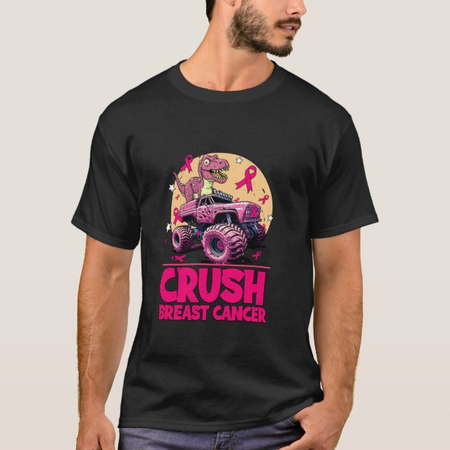 Funny Crush Breast Cancer Dinosaur Riding Monster  T-Shirt (Front)