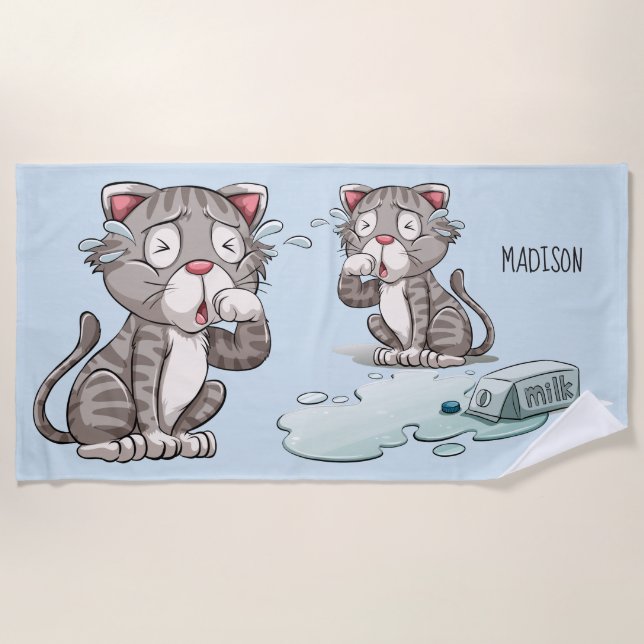 Funny Crying Cats custom name & colour beach towel (Front)
