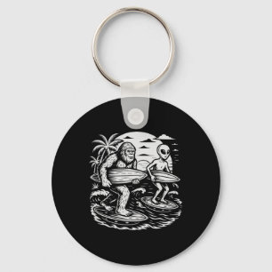 Funny Cryptid Bigfoot Alien Surfing Ufo Beach Suns Key Ring