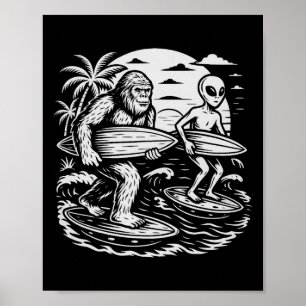 Funny Cryptid Bigfoot Alien Surfing Ufo Beach Suns Poster
