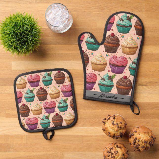 Funny Cupcakes (Personalised) Oven Mitt & Pot Holder Set (Top Down)