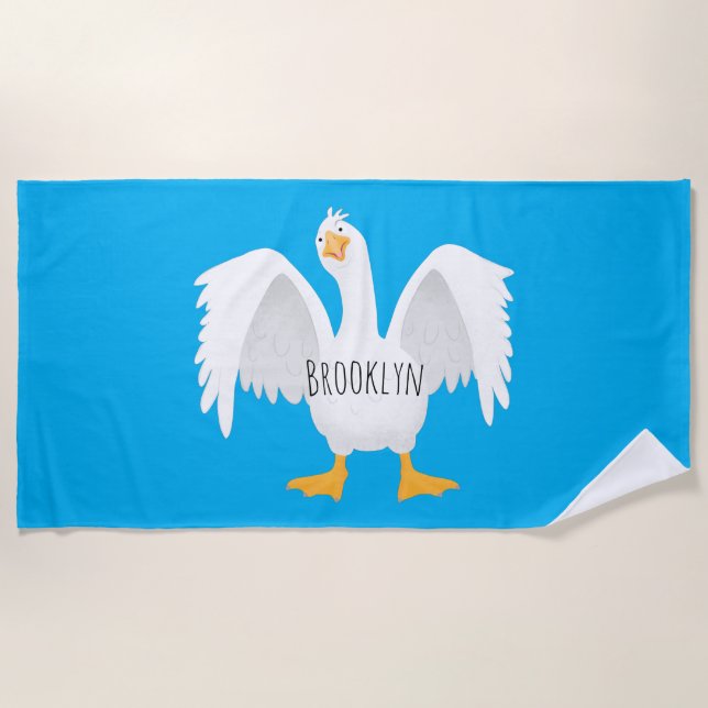 Funny curious domestic goose cartoon illustration beach towel (Front)