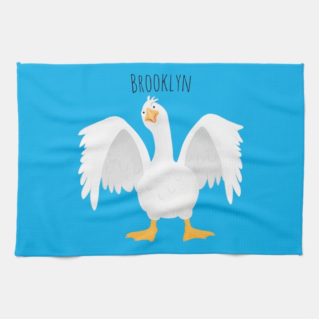Funny curious domestic goose cartoon illustration tea towel (Horizontal)