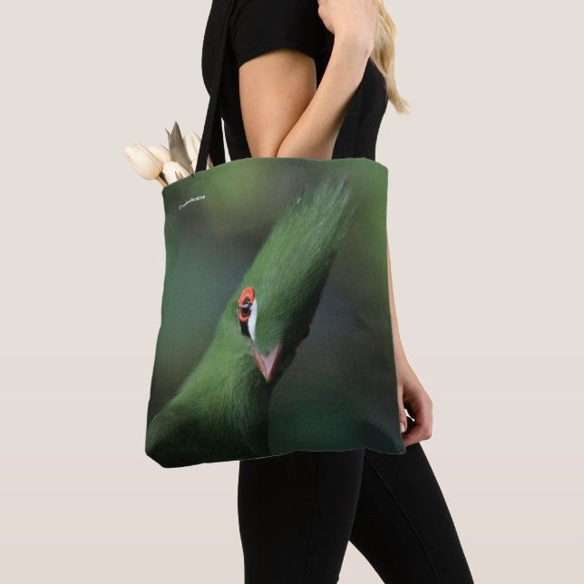 Funny Curious Guinea Turaco Green Bird Tote Bag (Close Up)