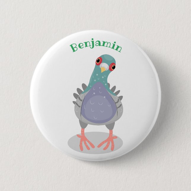 Funny curious pigeon cartoon illustration 6 cm round badge (Front)