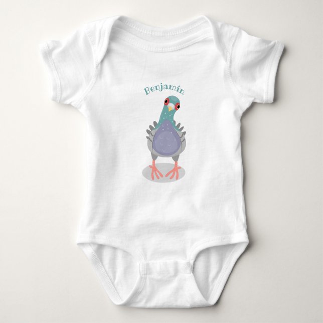 Funny curious pigeon cartoon illustration baby bodysuit (Front)