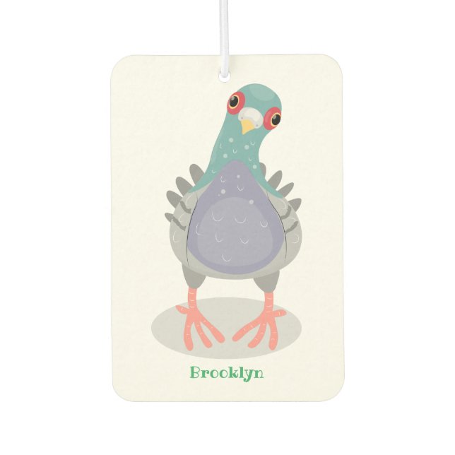 Funny curious pigeon cartoon illustration car air freshener (Front)