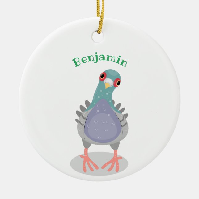 Funny curious pigeon cartoon illustration ceramic ornament (Front)