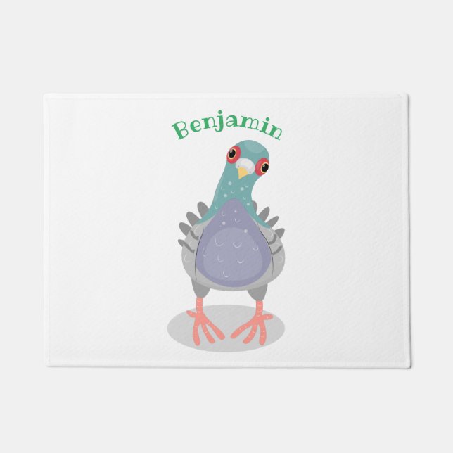 Funny curious pigeon cartoon illustration doormat (Front)