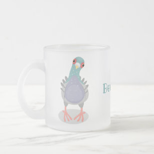 Funny curious pigeon cartoon illustration frosted glass coffee mug