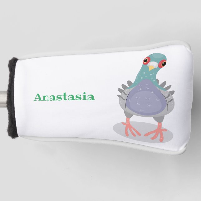 Funny curious pigeon cartoon illustration golf head cover (Front)