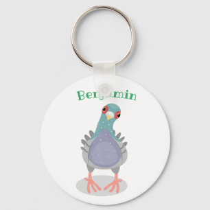 Funny curious pigeon cartoon illustration key ring