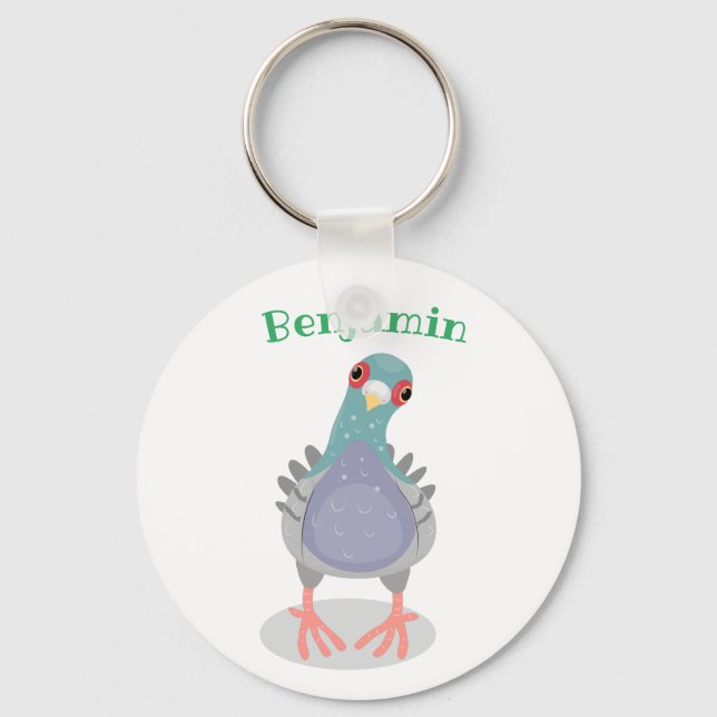 Funny curious pigeon cartoon illustration key ring (Front)