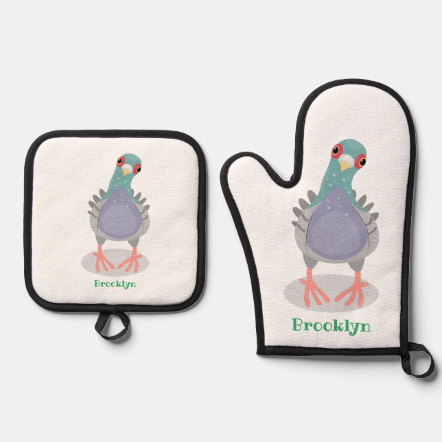 Funny curious pigeon cartoon illustration oven mitt & pot holder set (Front)