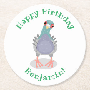 Funny curious pigeon cartoon illustration round paper coaster