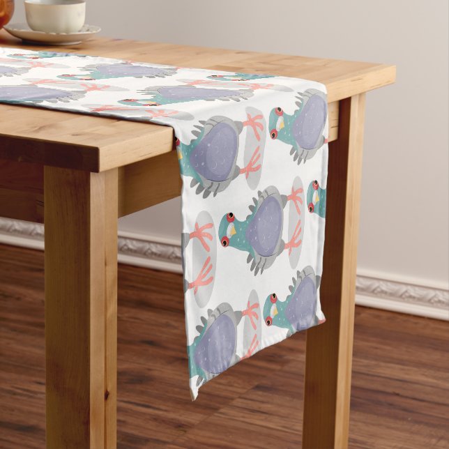 Funny curious pigeon cartoon illustration short table runner (In Situ)